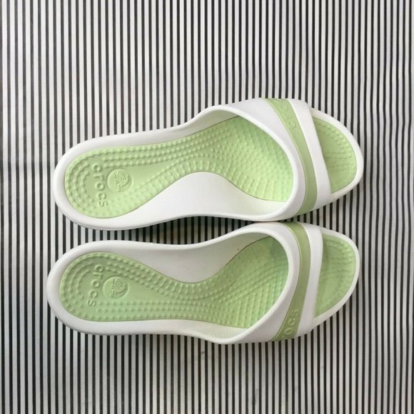 Crocs Women's White and Green Slide Sandals - Picture 2 of 5
